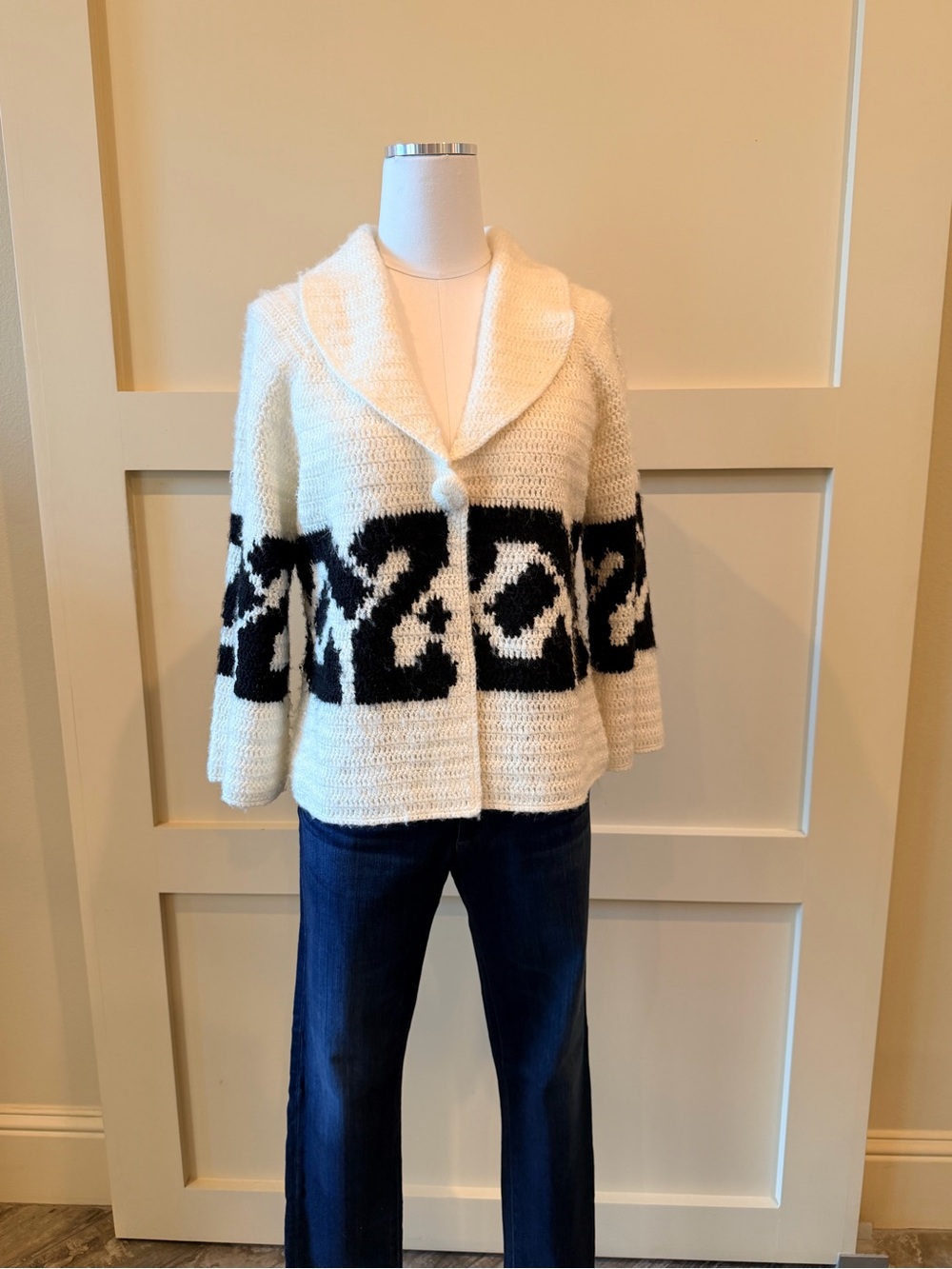 Etcetera Cream and Black Cropped Shawl Collar Cardigan